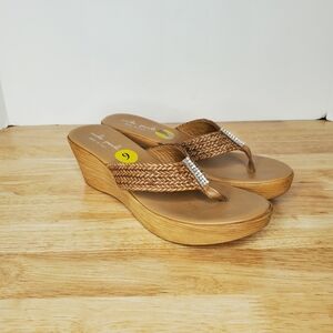 Mila Paoli Wedge Thong Sandals Womens Size 10 Woven Upper Rhinestone Italy